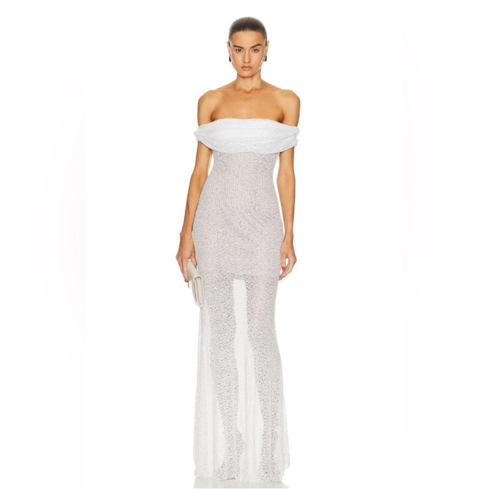Self Portrait off shoulder beaded maxi white dress